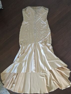 Riva Designs Strapless Gold Satin Mermaid Gown with Beaded Bodice